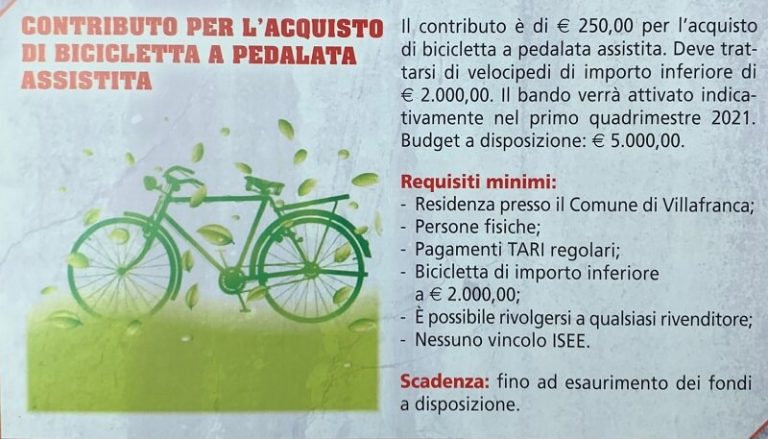 Villafranca di Verona. Contributo di 250€ per acquisto bici e biciclette elettriche o muscolari