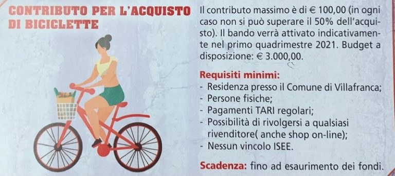 Villafranca di Verona. Contributo di 250€ per acquisto bici e biciclette elettriche o muscolari